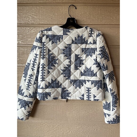 Caroline Constas women White & Navy Linen Blend Quilted Blazer Jacket size Small - Picture 4 of 6